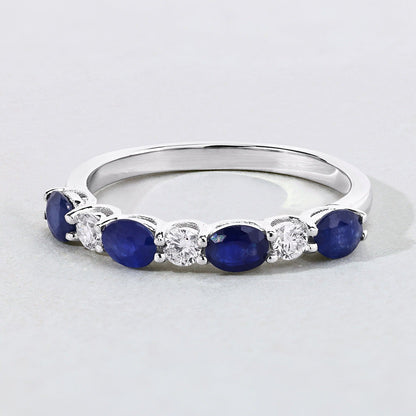 0.88 Ct Oval Blue Sapphire & Lab Diamond Prong Silver Half Eternity Seven Stone Ring