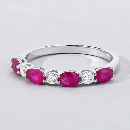0.80 Ct Oval Pink Ruby & Lab Diamond Prong Silver Half Eternity Seven Stone Ring