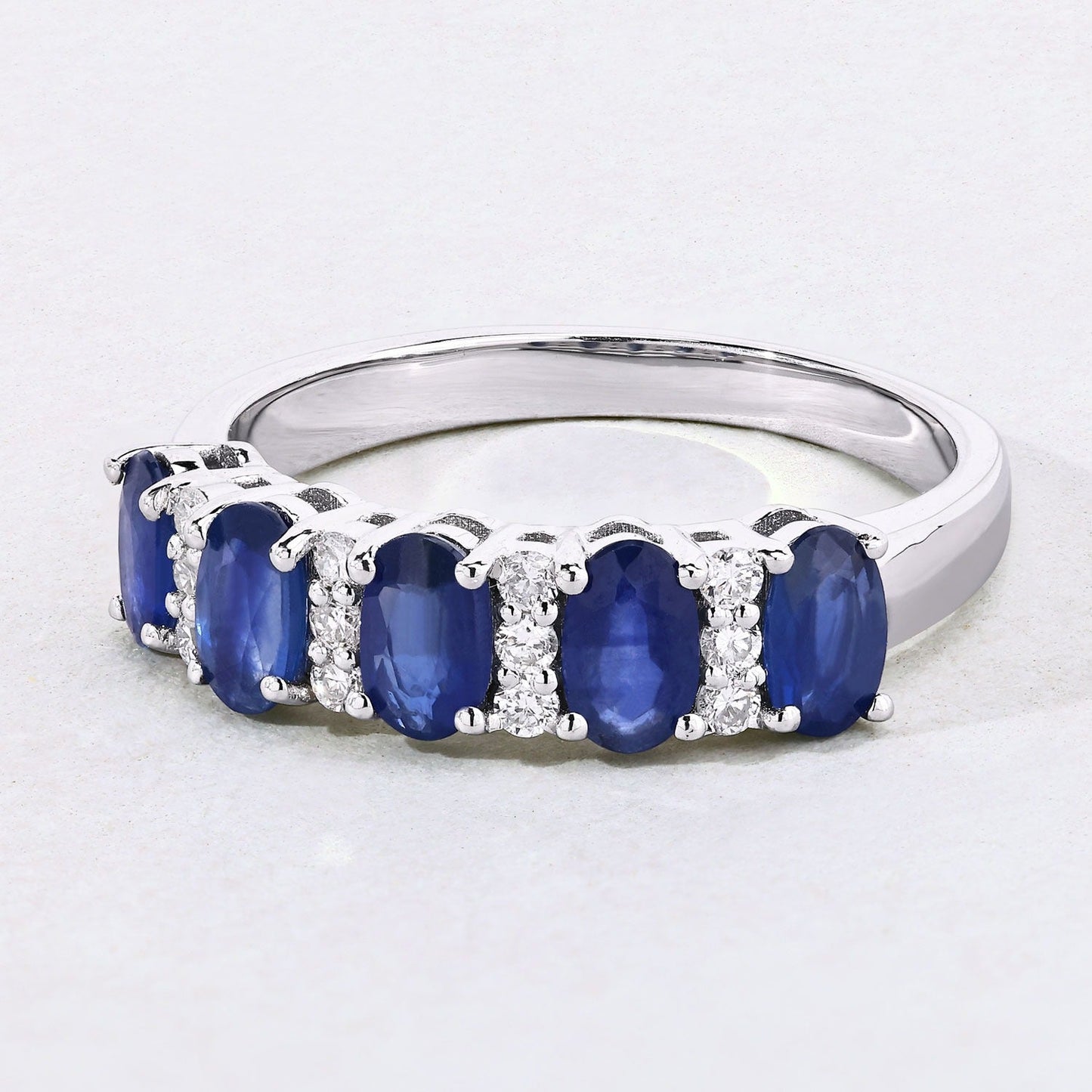 1.25 Ct Oval Blue Sapphire & Lab Diamond Prong Silver Half Eternity Band Five Stone Ring