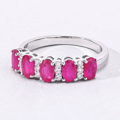 1.10 Ct Oval Pink Ruby & Lab Diamond Prong Silver Half Eternity Band Five Stone Ring
