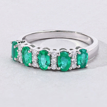 0.95 Ct Oval Green Zambian Emerald & Lab Diamond Prong Silver Half Eternity Band Five Stone Ring