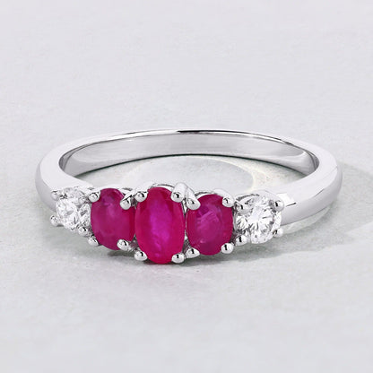 0.62 Ct Oval Pink Ruby & Lab Diamond Prong Silver Graduated Five Stone Ring