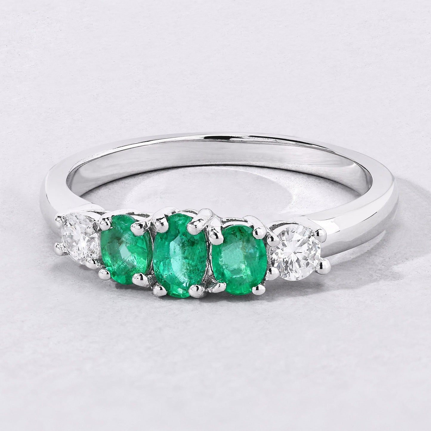 0.49 Ct Oval Green Zambian Emerald & Lab Diamond Prong Silver Graduated Five Stone Ring