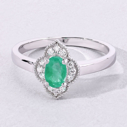 0.44 Ct Oval Green Zambian Emerald & Lab Diamond Prong Silver Floral Halo Ring