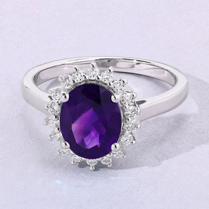 1.60 Ct Oval Purple Amethyst and Lab Diamond Prong Silver Halo Ring