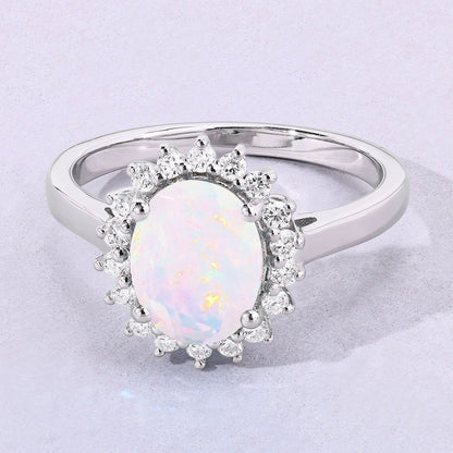 0.90 Ct Oval White Ethiopian Opal and Lab Diamond Prong Silver Halo Ring