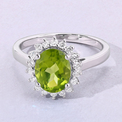 1.70 Ct Oval Green Peridot and Lab Diamond Prong Silver Halo Ring
