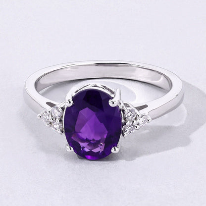 1.60 Ct Oval Purple Amethyst and Lab Diamond Prong Silver Cocktail Ring