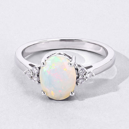 0.90 Ct Oval White Ethiopian Opal and Lab Diamond Prong Silver Cocktail Ring