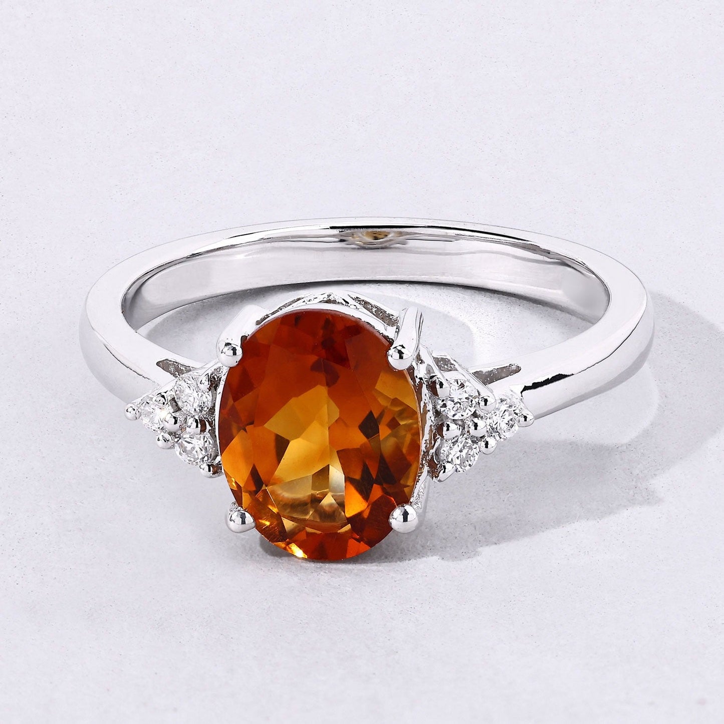 1.70 Ct Oval Yellow Madeira Citrine and Lab Diamond Prong Silver Cocktail Ring