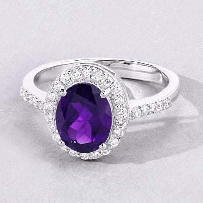 1.60 Ct Oval Purple Amethyst and Lab Diamond Prong Silver Halo Pave Ring