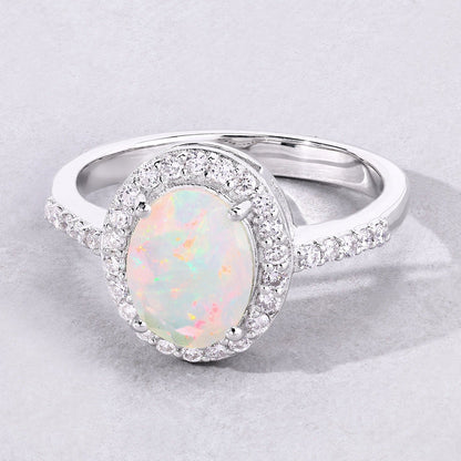 0.90 Ct Oval White Ethiopian Opal and Lab Diamond Prong Silver Halo Pave Ring