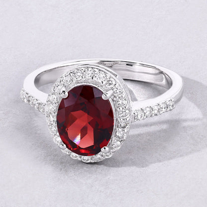 2 Ct Oval Red Mozambique Garnet and Lab Diamond Prong Silver Halo Pave Ring