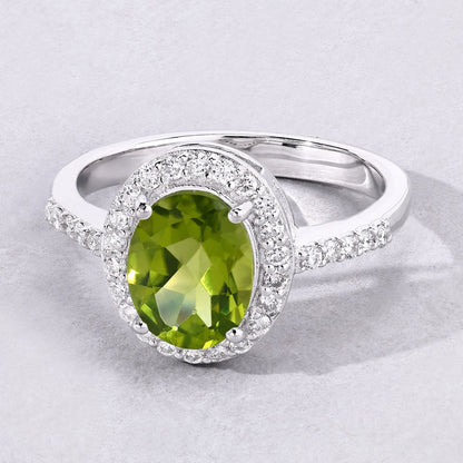 1.70 Ct Oval Green Peridot and Lab Diamond Prong Silver Halo Pave Ring