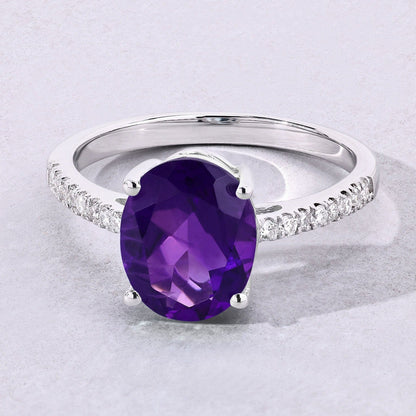 2.20 Ct Oval Purple Amethyst and Lab Diamond Prong Silver Pave Cocktail Ring