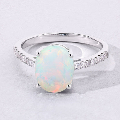 1.56 Ct Oval White Ethiopian Opal and Lab Diamond Silver Pave Bridge Ring