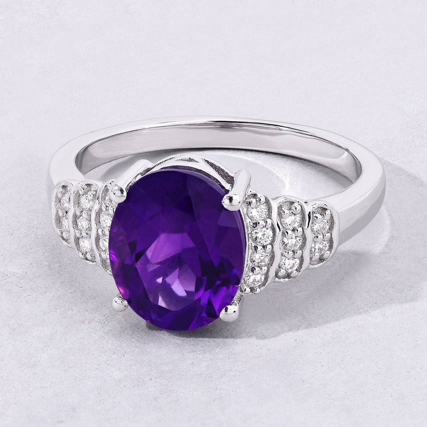 2.20 Ct Oval Purple Amethyst & Lab Diamond Prong Silver Bridge Ring