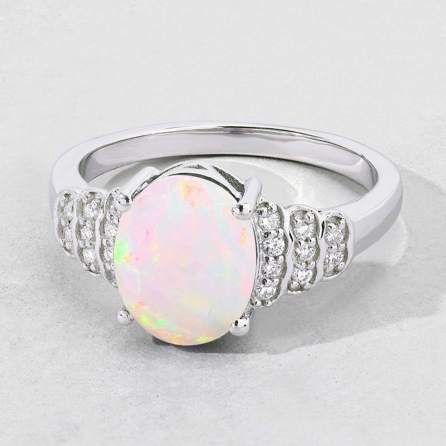 1.56 Ct Oval White Ethiopian Opal & Lab Diamond Prong Silver Bridge Ring