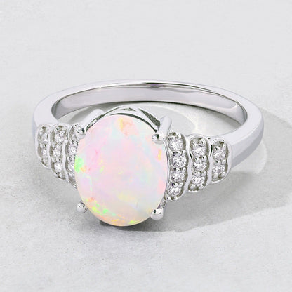 1.56 Ct Oval White Ethiopian Opal & Lab Diamond Prong Silver Bridge Ring