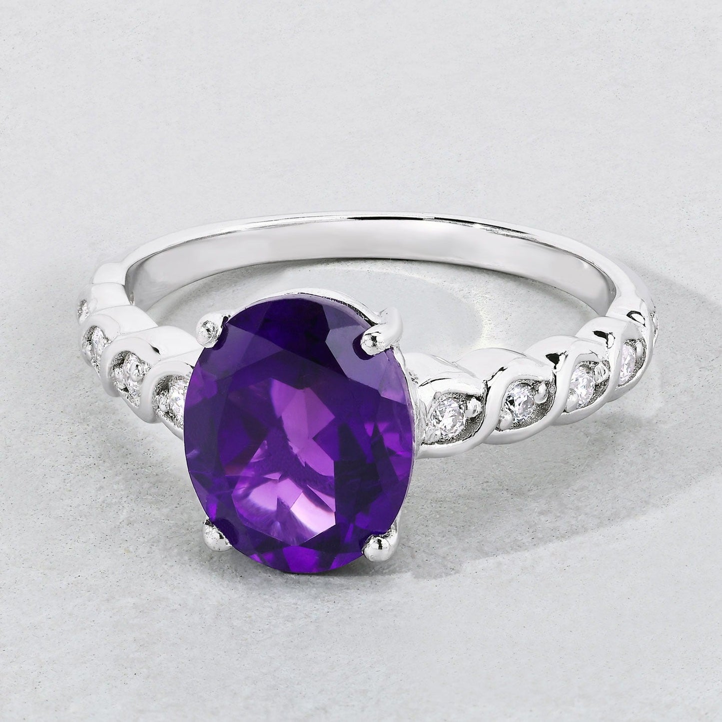 2.20 Ct Oval Purple Amethyst and Lab Diamond Prong Silver Bridge Ring