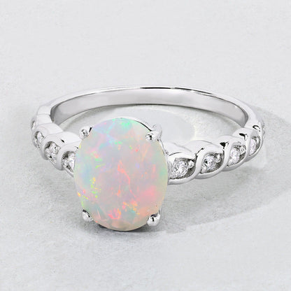 1.56 Ct Oval White Ethiopian Opal and Lab Diamond Prong Silver Bridge Ring