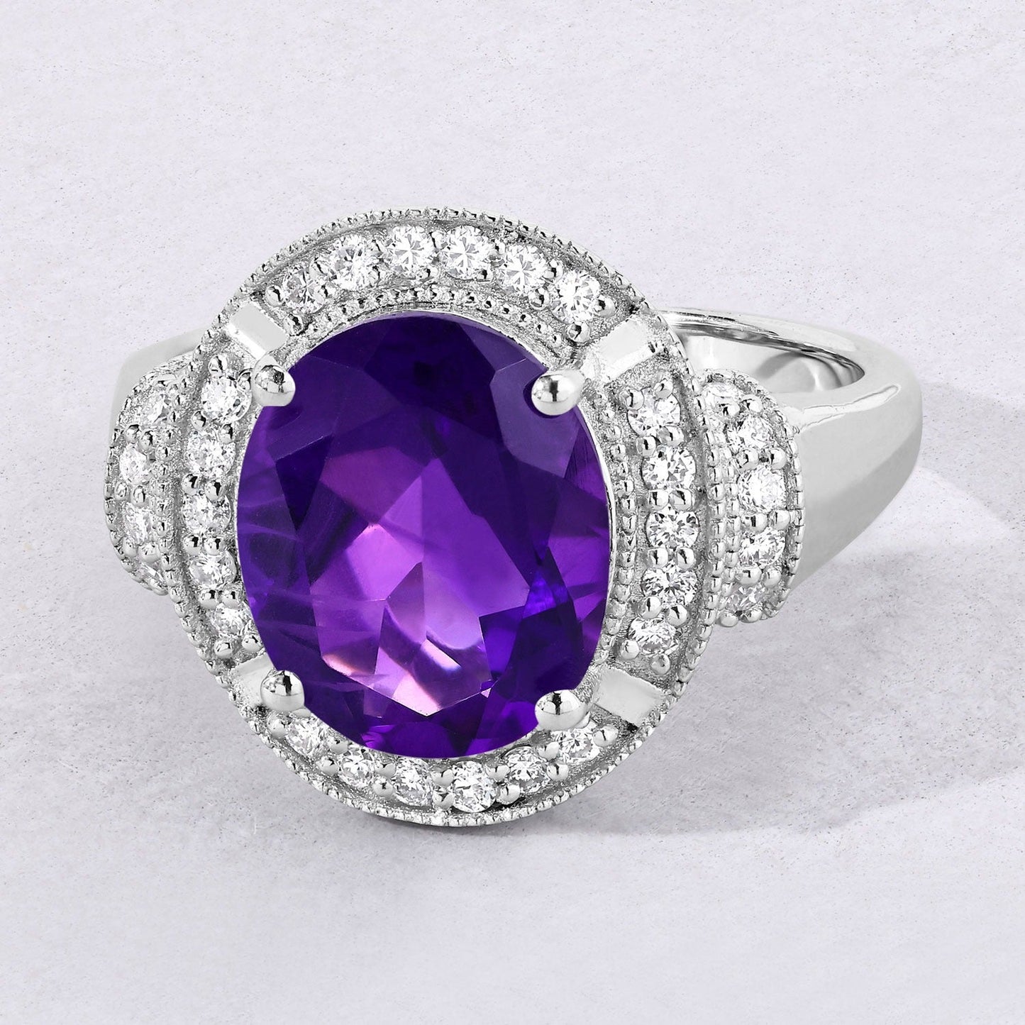 3.20 Ct Oval Purple Amethyst and Lab Diamond Prong Silver Halo Statement Ring