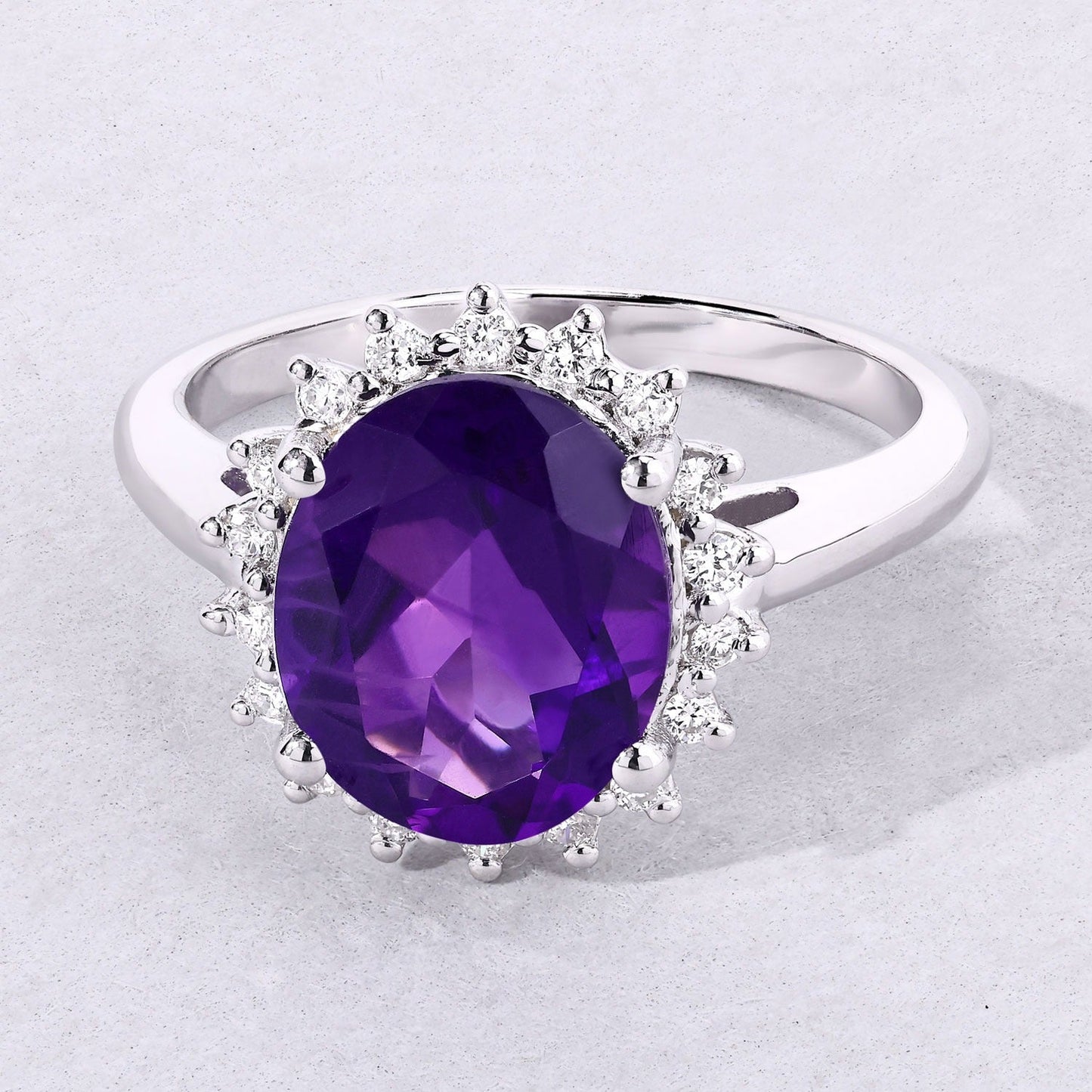 3.20 Ct Oval Purple Amethyst and Lab Diamond Prong Silver Halo Ring