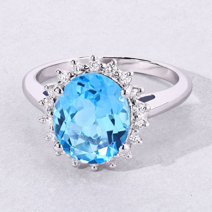 4 Ct Oval Swiss Blue Topaz and Lab Diamond Prong Silver Halo Ring