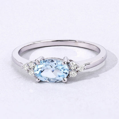0.60 Ct Oval Blue Aquamarine and Lab Diamond Prong Sterling Silver Cocktail Ring