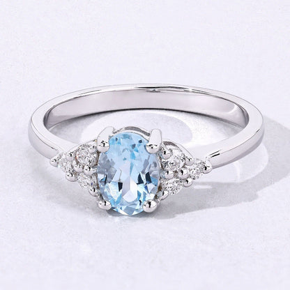 0.60 Ct Oval Blue Aquamarine and Lab Diamond Prong Silver Cocktail Ring