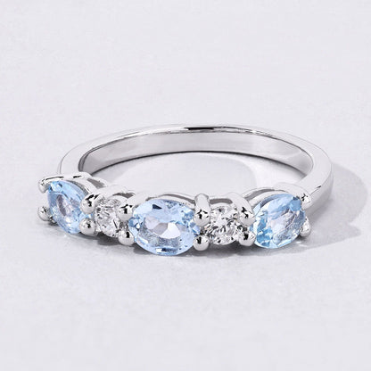 0.87 Ct Oval Blue Aquamarine and Lab Diamond Prong Silver Five Stone Ring