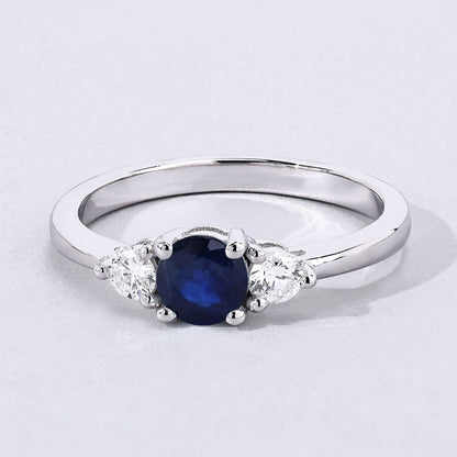0.65 Ct Round Blue Sapphire and Lab Diamond Prong Silver Three Stone Promise Ring