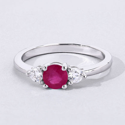 0.55 Ct Round Pink Mozambique Ruby & Lab Diamond Prong Silver Three Stone Ring
