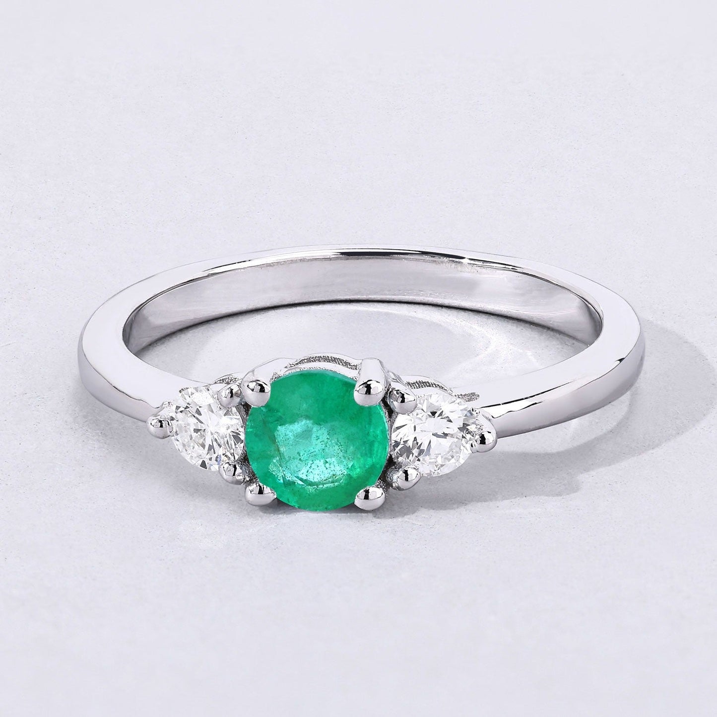 0.42 Ct Round Green Zambian Emerald & Lab Diamond Prong Silver Three Stone Ring
