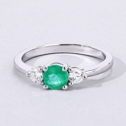 0.42 Ct Round Green Zambian Emerald & Lab Diamond Prong Silver Three Stone Ring