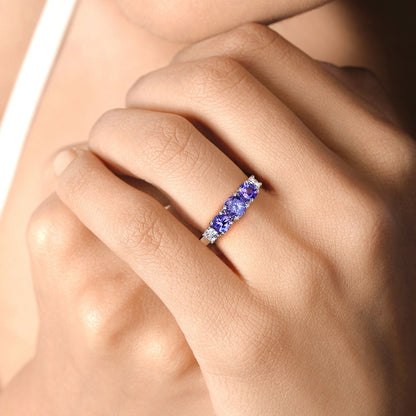 0.93 Ct Round Violet Tanzanite & Lab Diamond Prong Silver Five Stone Eternity Ring