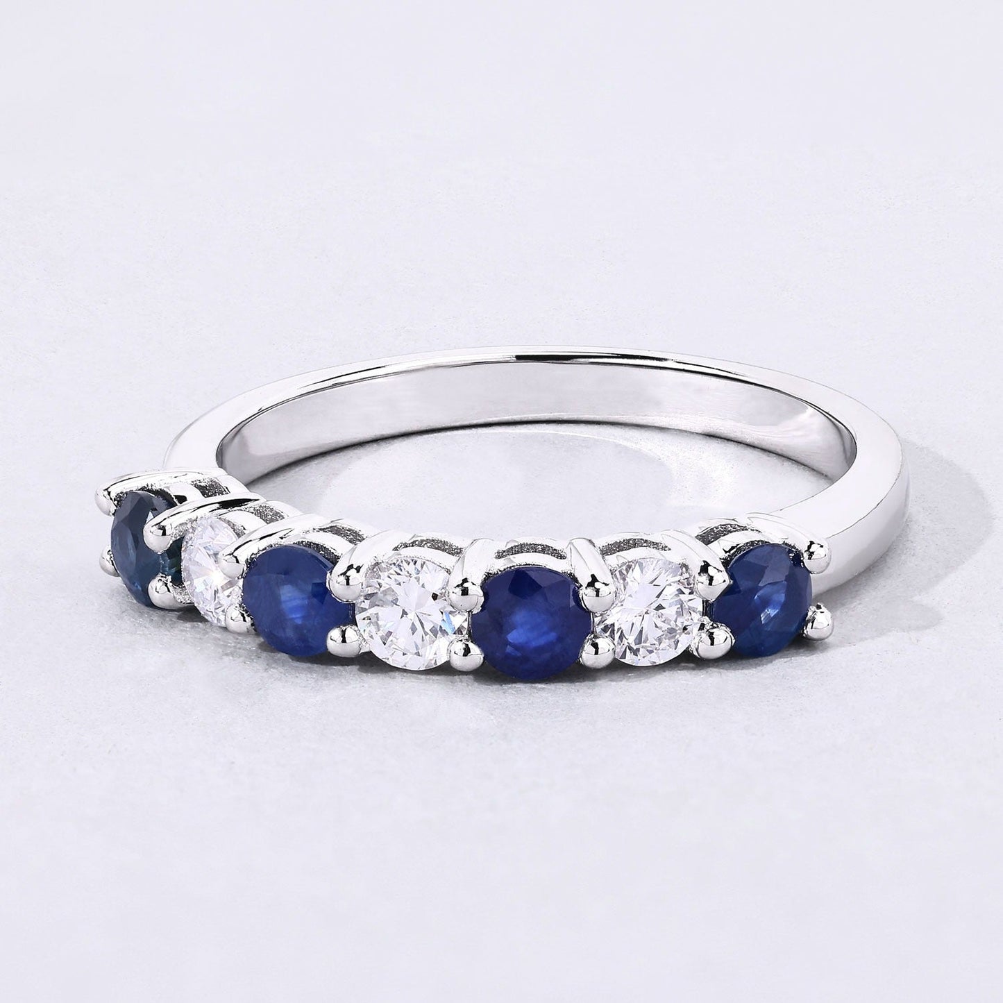 0.52 Ct Round Blue Sapphire Lab Diamond Prong Silver 7 Stone Half Eternity Ring
