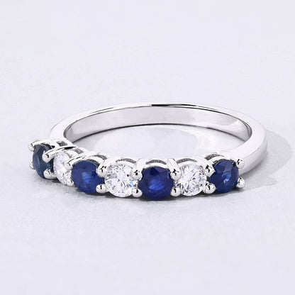 0.52 Ct Round Blue Sapphire Lab Diamond Prong Silver 7 Stone Half Eternity Ring