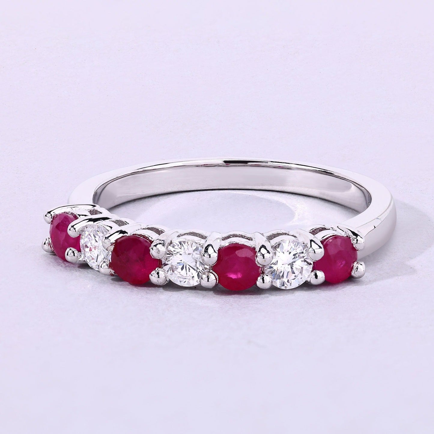 0.52 Ct Round Pink Mozambique Ruby and Lab Diamond Prong Silver 7 Stone Half Eternity Ring