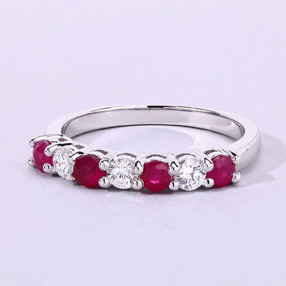 0.52 Ct Round Pink Mozambique Ruby and Lab Diamond Prong Silver 7 Stone Half Eternity Ring