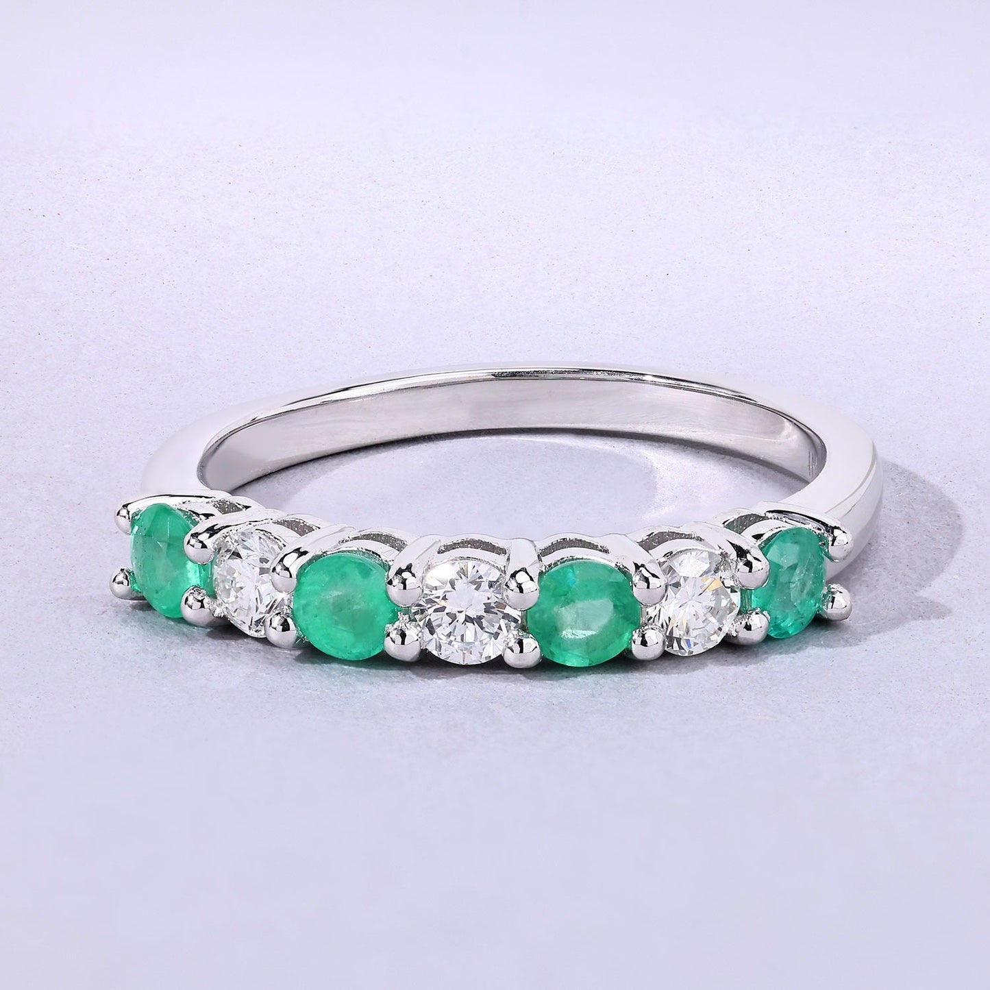 0.40 Ct Round Green Zambian Emerald and Lab Diamond Prong Silver 7 Stone Half Eternity Ring