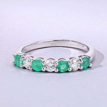 0.40 Ct Round Green Zambian Emerald and Lab Diamond Prong Silver 7 Stone Half Eternity Ring