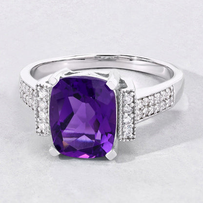 2.60 Ct Cushion Purple Amethyst and Lab Diamond Prong Silver Statement Ring