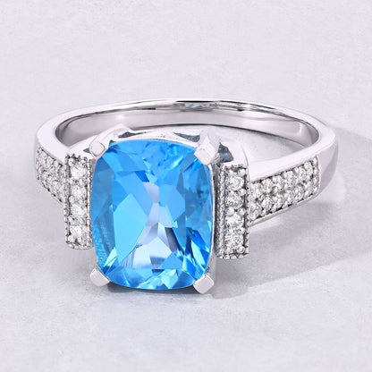 3.50 Ct Cushion Swiss Blue Topaz and Lab Diamond Prong Silver Statement Ring