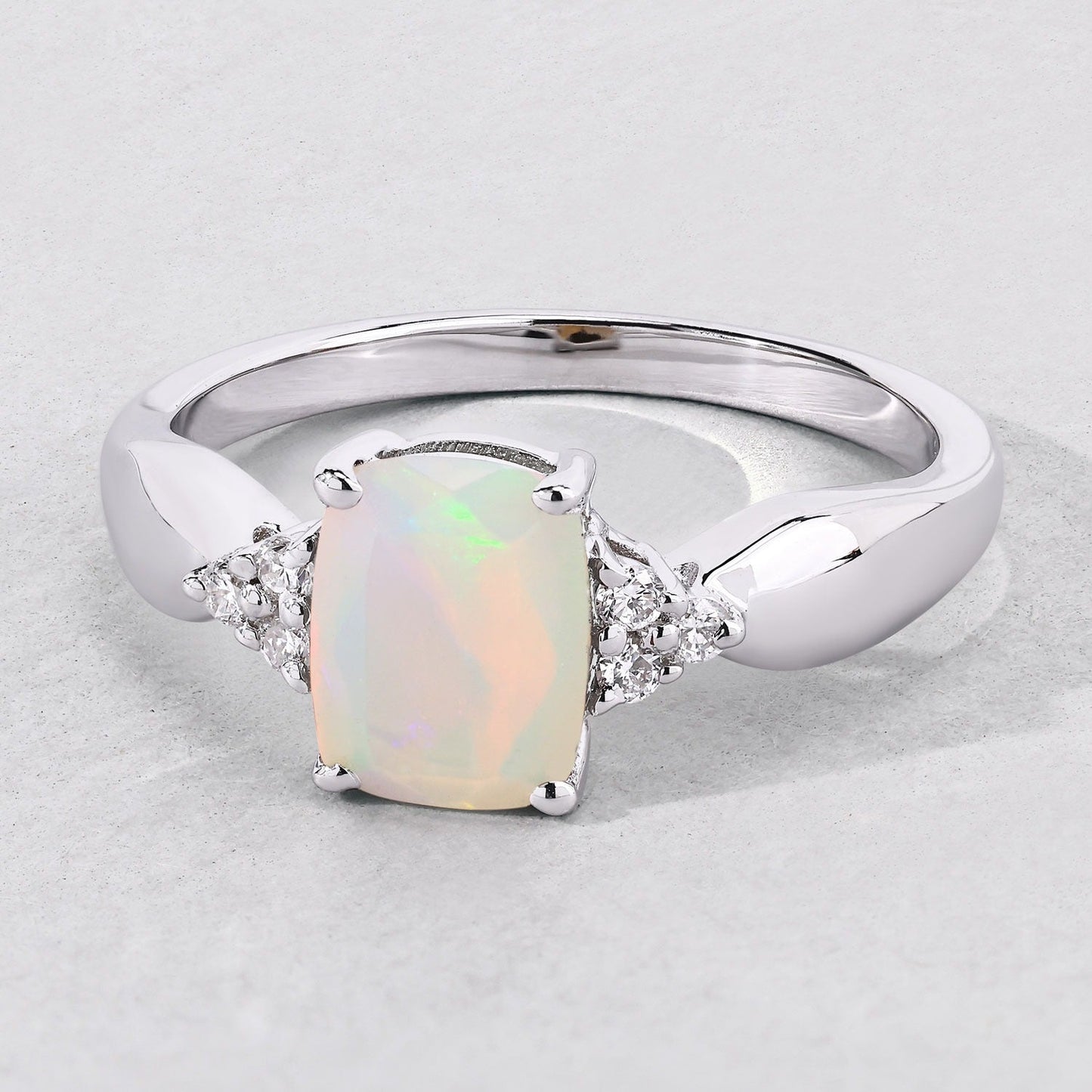 0.85 Ct Cushion White Ethiopian Opal and Lab Diamond Silver Cocktail Ring