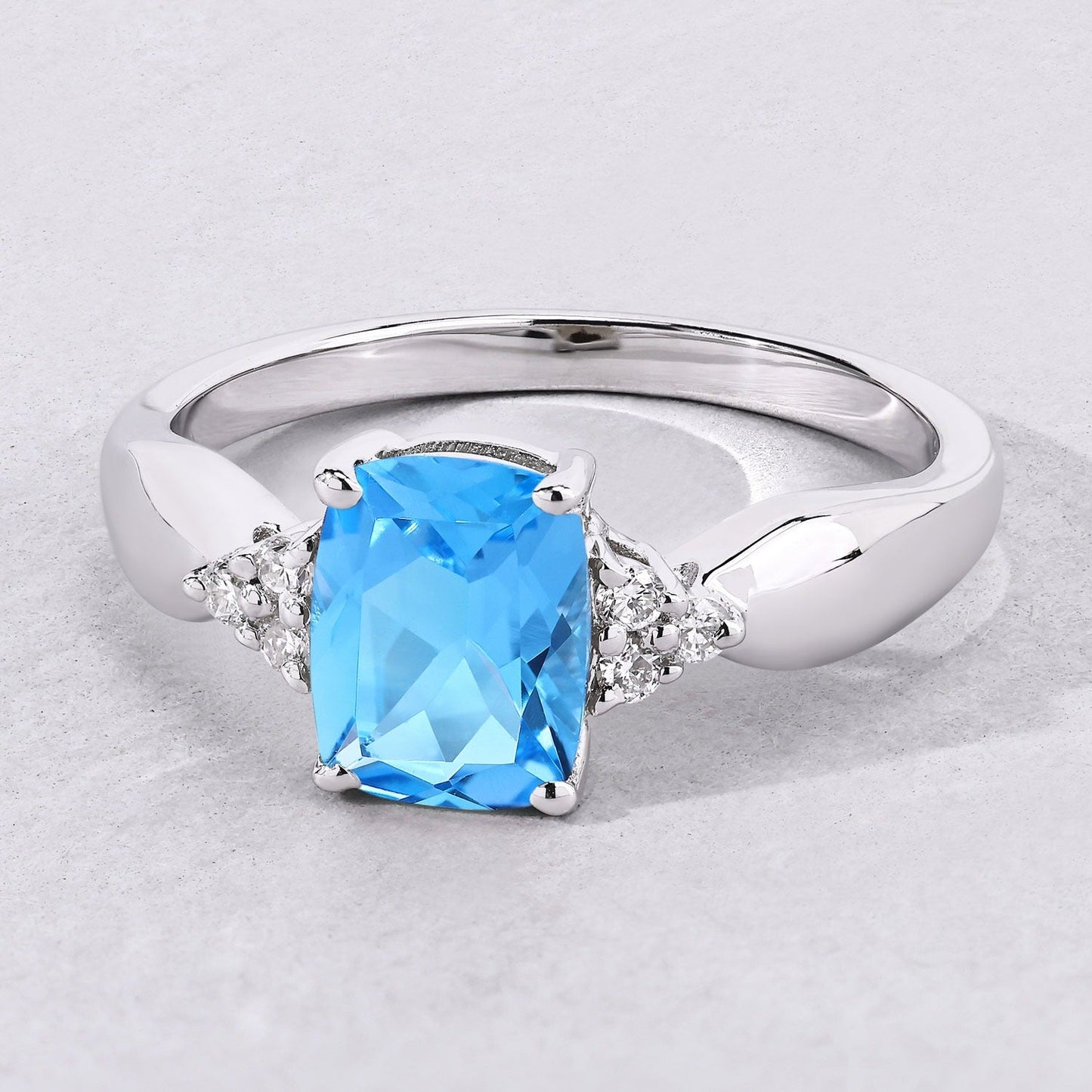 1.51 Ct Cushion Swiss Blue Topaz & Lab Diamond Prong Silver Cocktail Ring