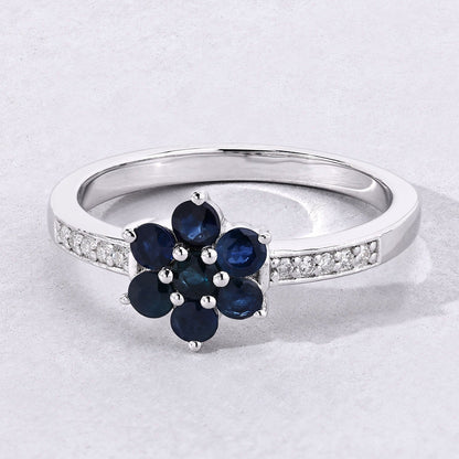 0.49 Ct Round Blue Sapphire and Lab Diamond Prong Silver Pave Floral Ring