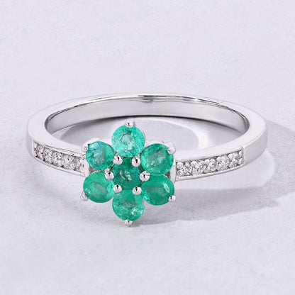 0.42 Ct Round Green Zambian Emerald & Lab Diamond Prong Silver Pave Floral Ring