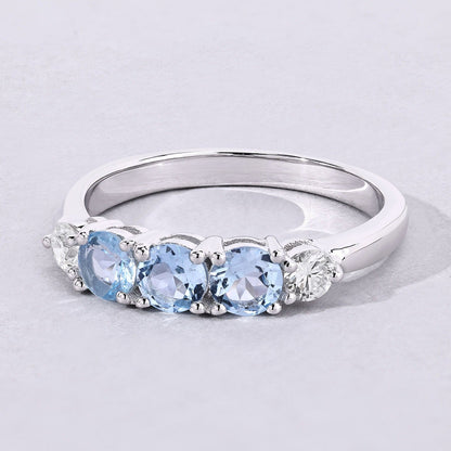 0.66 Ct Round Blue Aquamarine and Lab Diamond Prong Silver Five Stone Ring