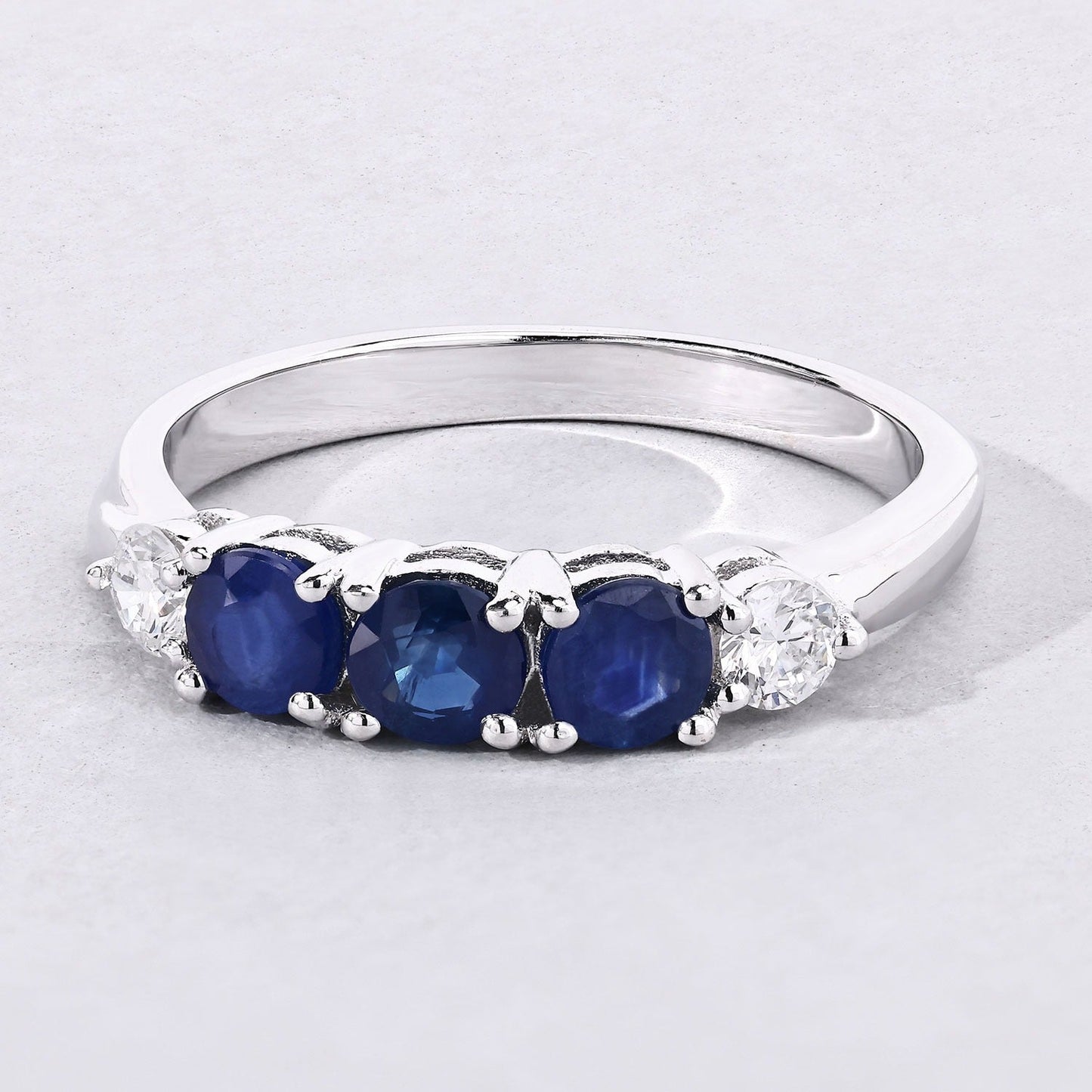 0.90 Ct Round Blue Sapphire & Lab Diamond Prong Silver Five Stone Ring